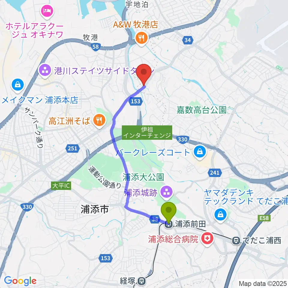 STUDIO FILL☆INの最寄駅浦添前田駅からの徒歩ルート（約33分）地図