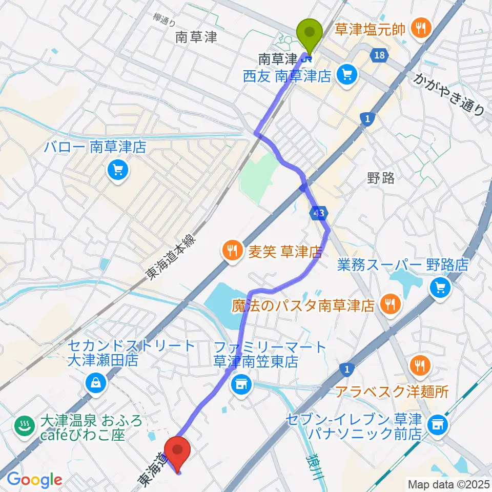 南草津駅からライブスタジオL.Q.へのルートマップ地図