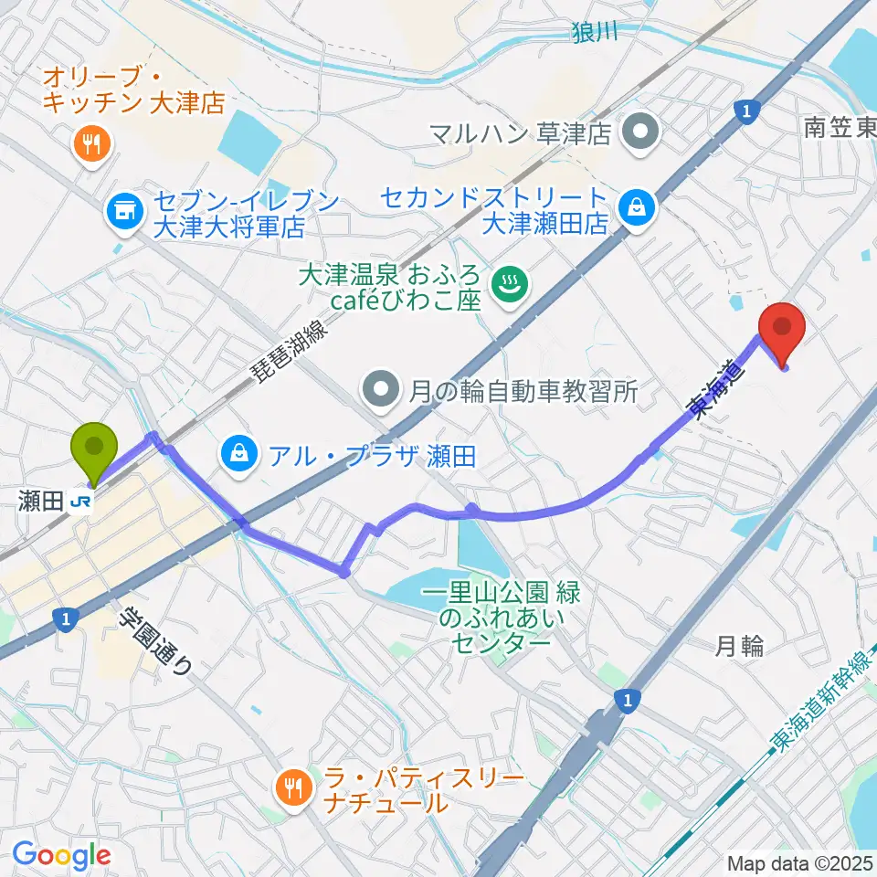 ライブスタジオL.Q.の最寄駅瀬田駅からの徒歩ルート（約25分）地図