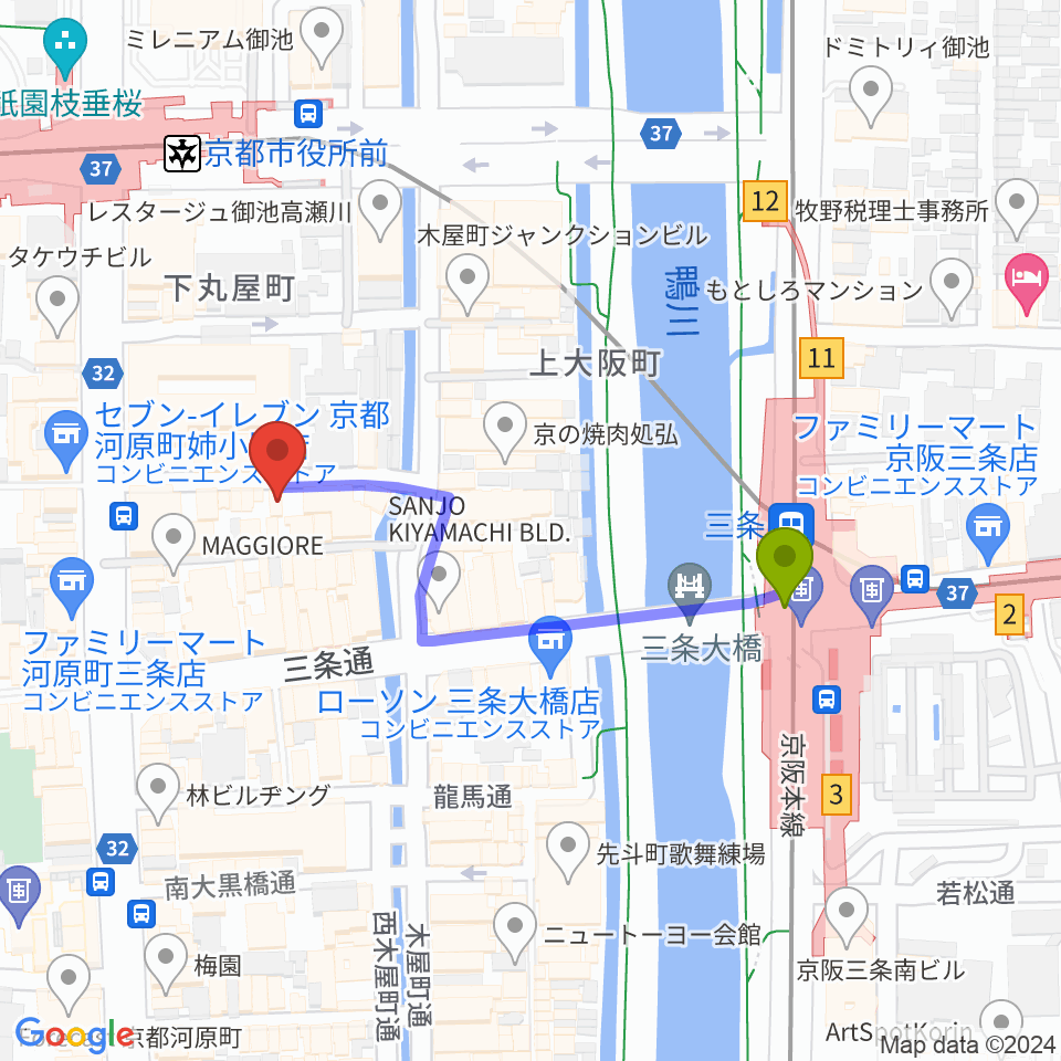 三条駅からスタジオラグ河原町店へのルートマップ地図