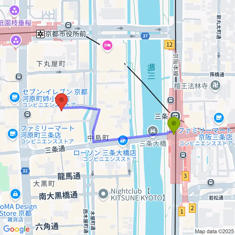 三条駅からスタジオラグ河原町店へのルートマップ地図
