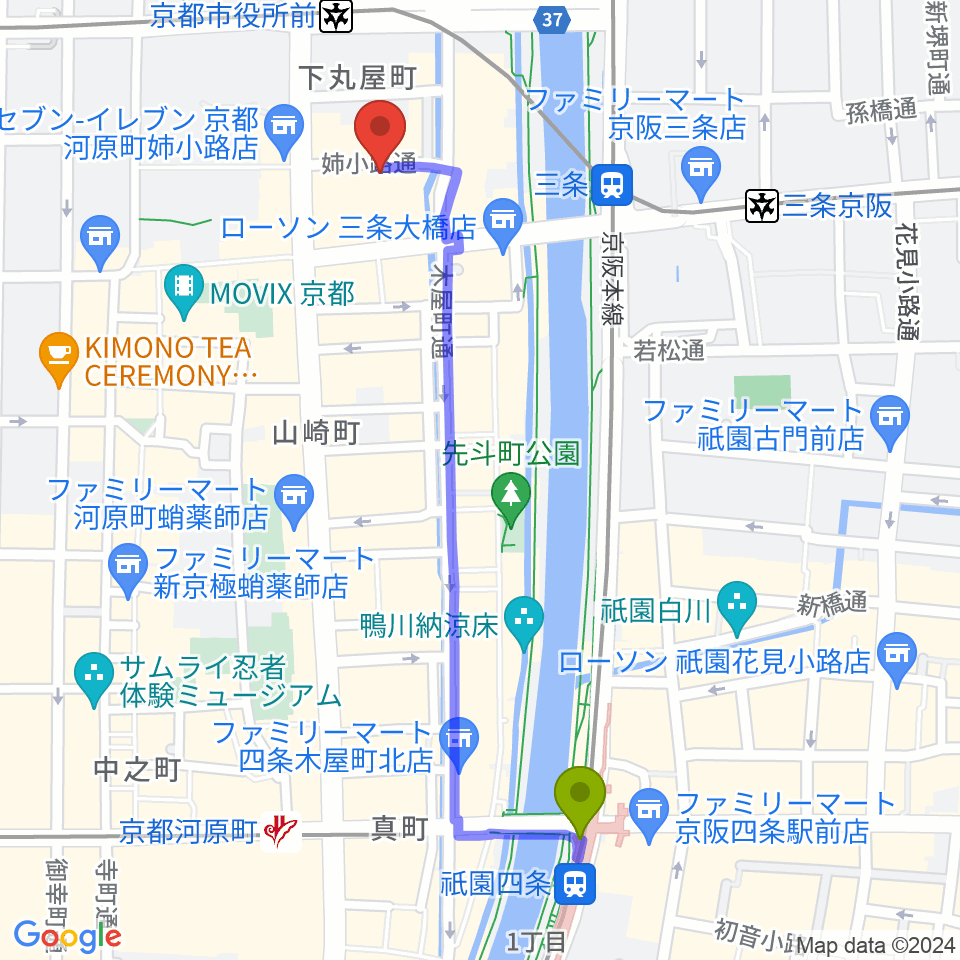 祇園四条駅からスタジオラグ河原町店へのルートマップ地図