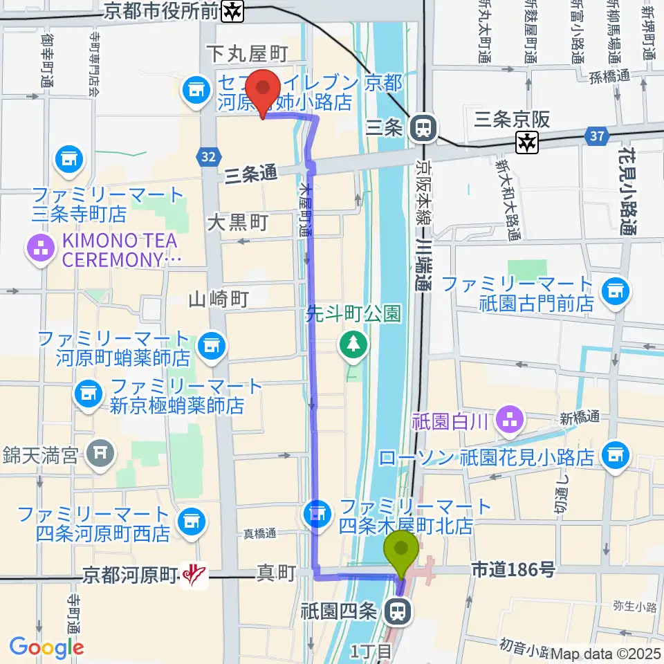 祇園四条駅からスタジオラグ河原町店へのルートマップ地図
