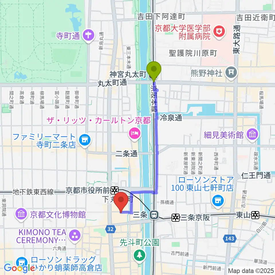神宮丸太町駅からスタジオラグ河原町店へのルートマップ地図