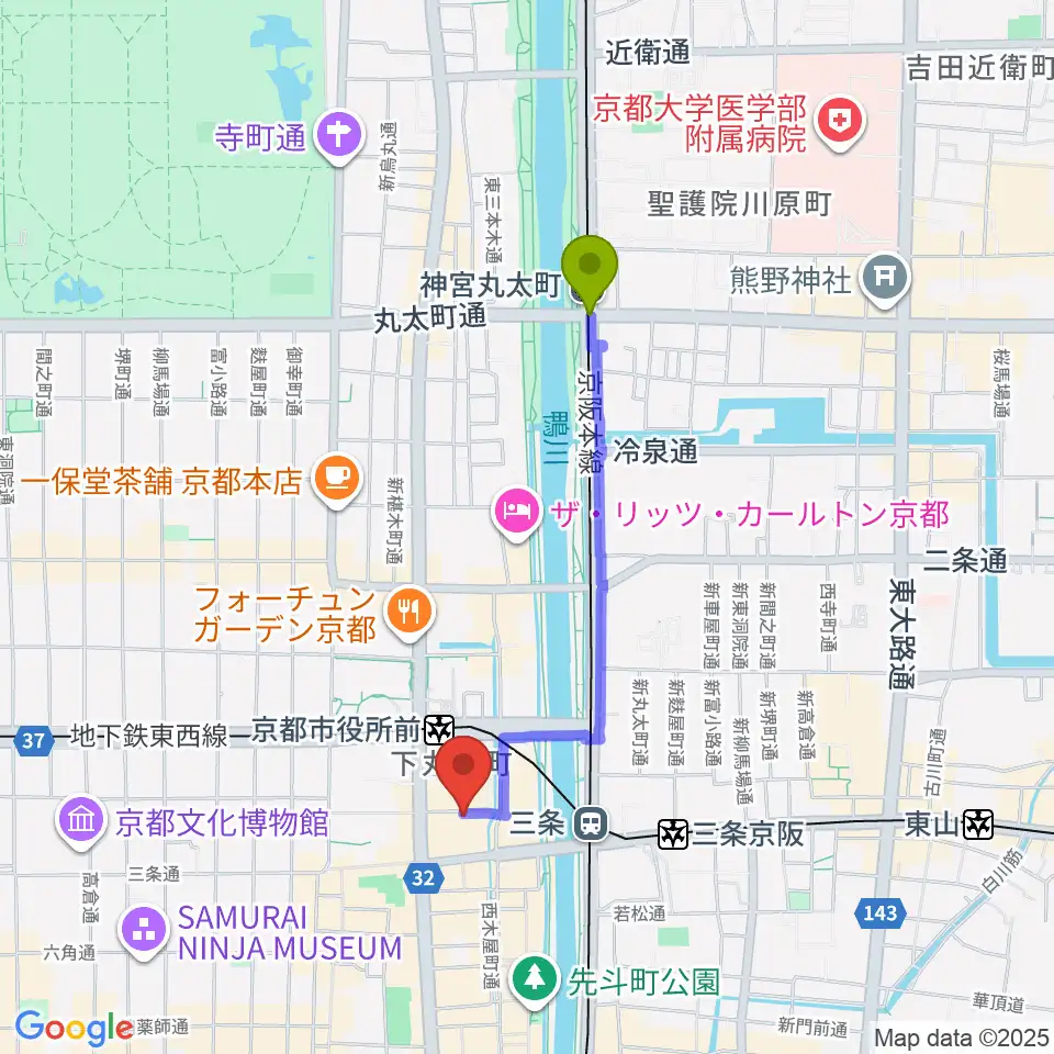 神宮丸太町駅からスタジオラグ河原町店へのルートマップ地図