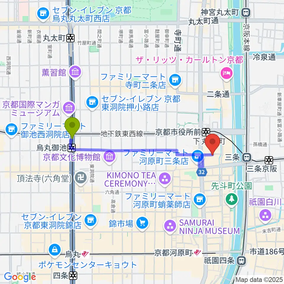 烏丸御池駅からスタジオラグ河原町店へのルートマップ地図