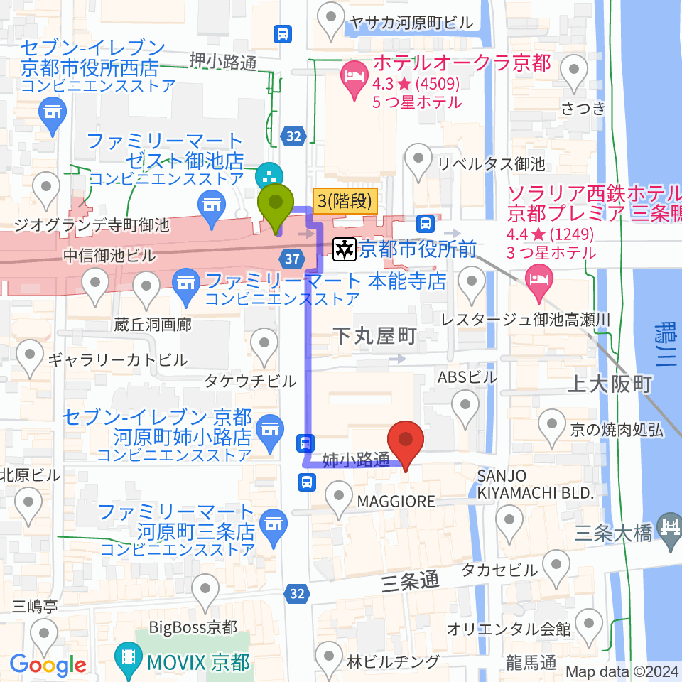 スタジオラグ河原町店の最寄駅京都市役所前駅からの徒歩ルート（約3分）地図