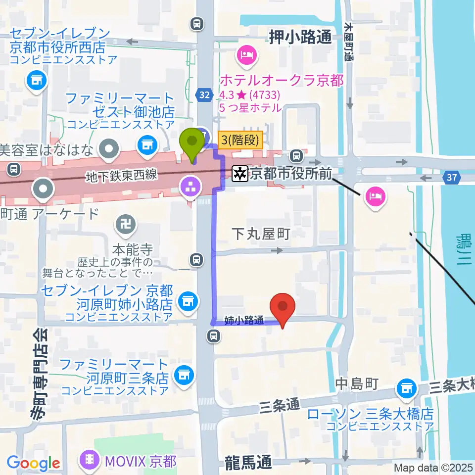スタジオラグ河原町店の最寄駅京都市役所前駅からの徒歩ルート（約3分）地図