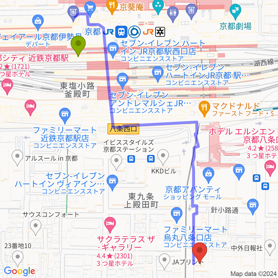 京都駅からノリキスタジオへのルートマップ地図