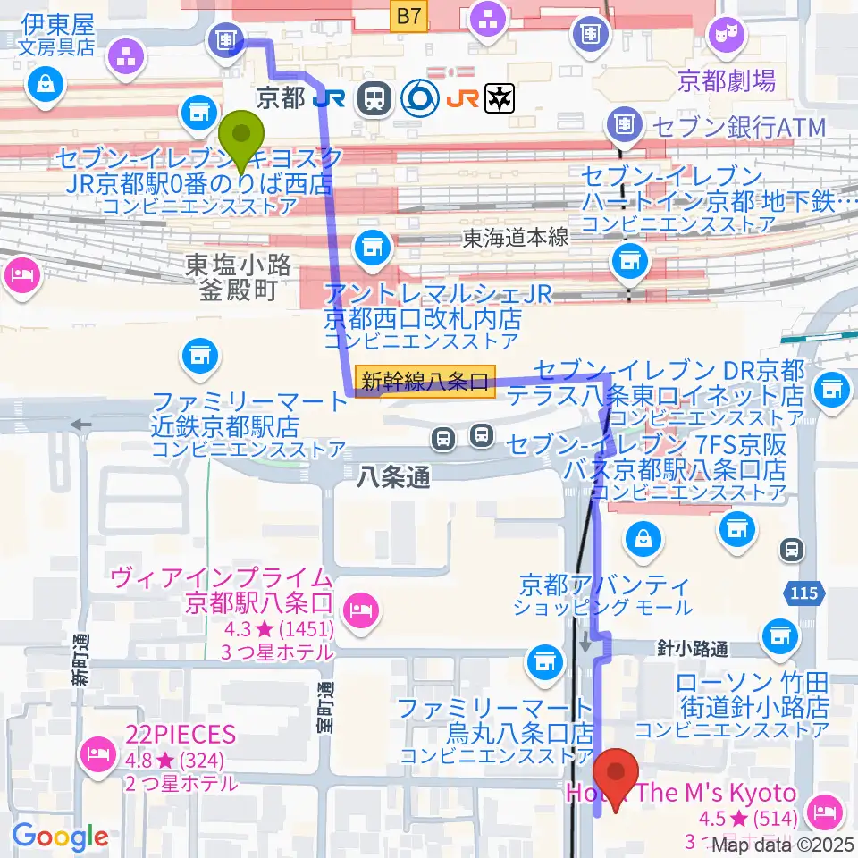 京都駅からノリキスタジオへのルートマップ地図