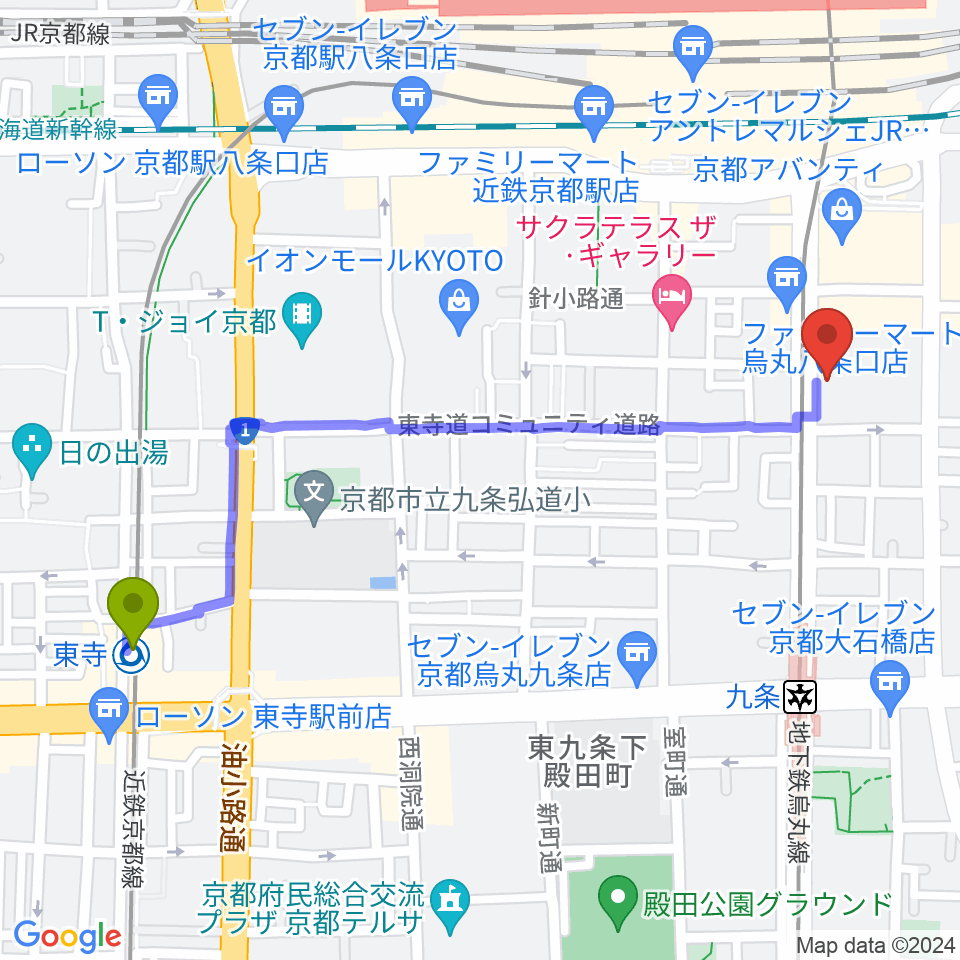 東寺駅からノリキスタジオへのルートマップ地図