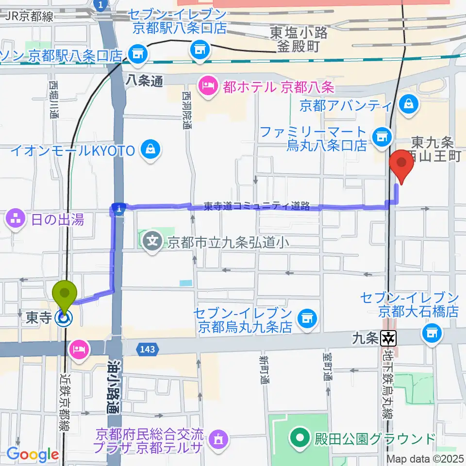 東寺駅からノリキスタジオへのルートマップ地図