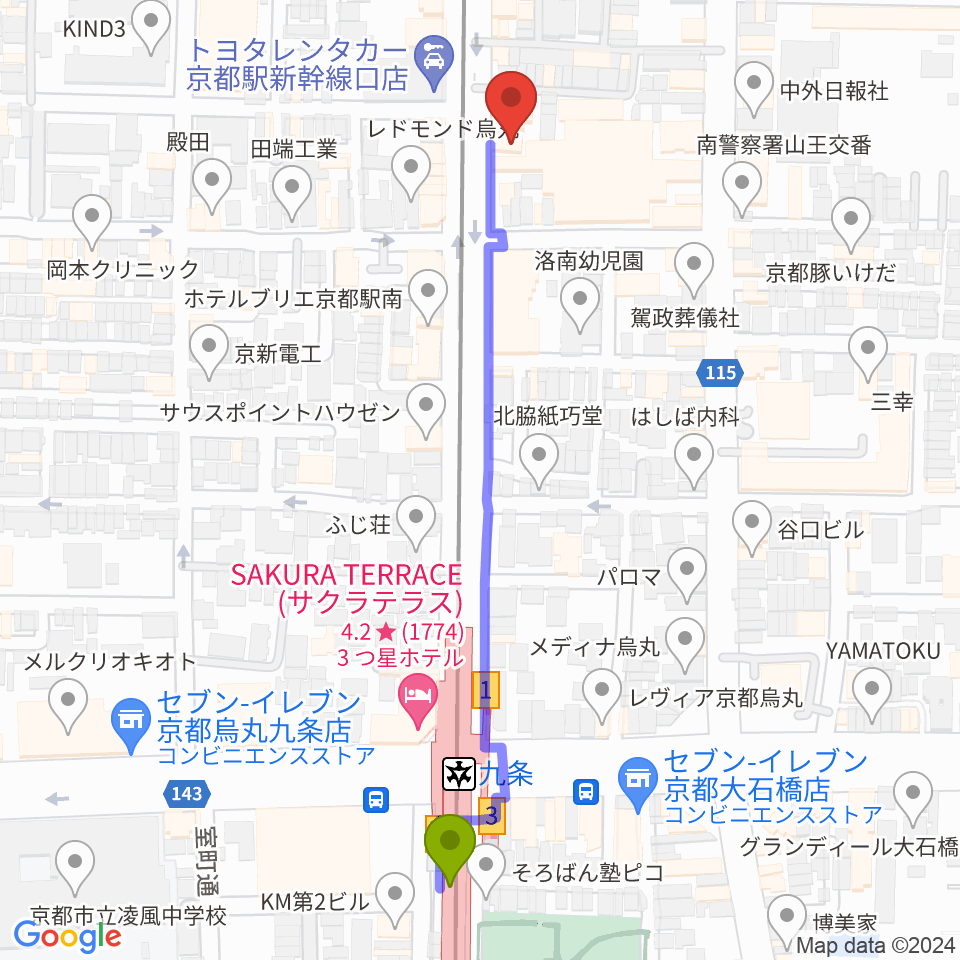 ノリキスタジオの最寄駅九条駅からの徒歩ルート（約6分）地図