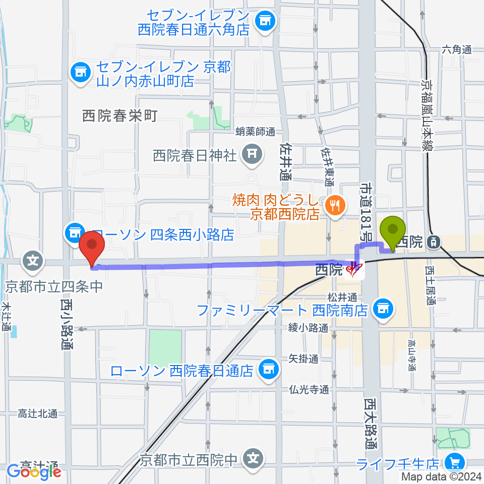 スタジオハナマウイOKUSHAの最寄駅西院駅からの徒歩ルート（約10分）地図