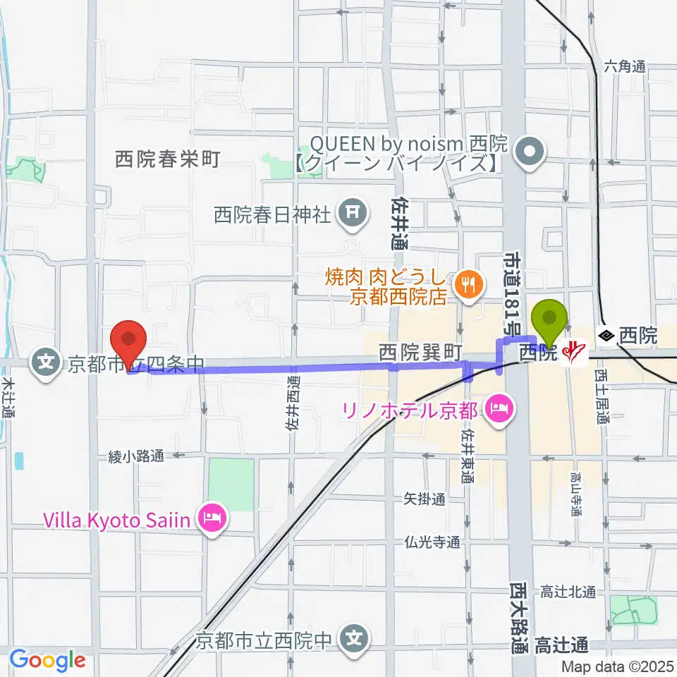 スタジオハナマウイOKUSHAの最寄駅西院駅からの徒歩ルート（約10分）地図