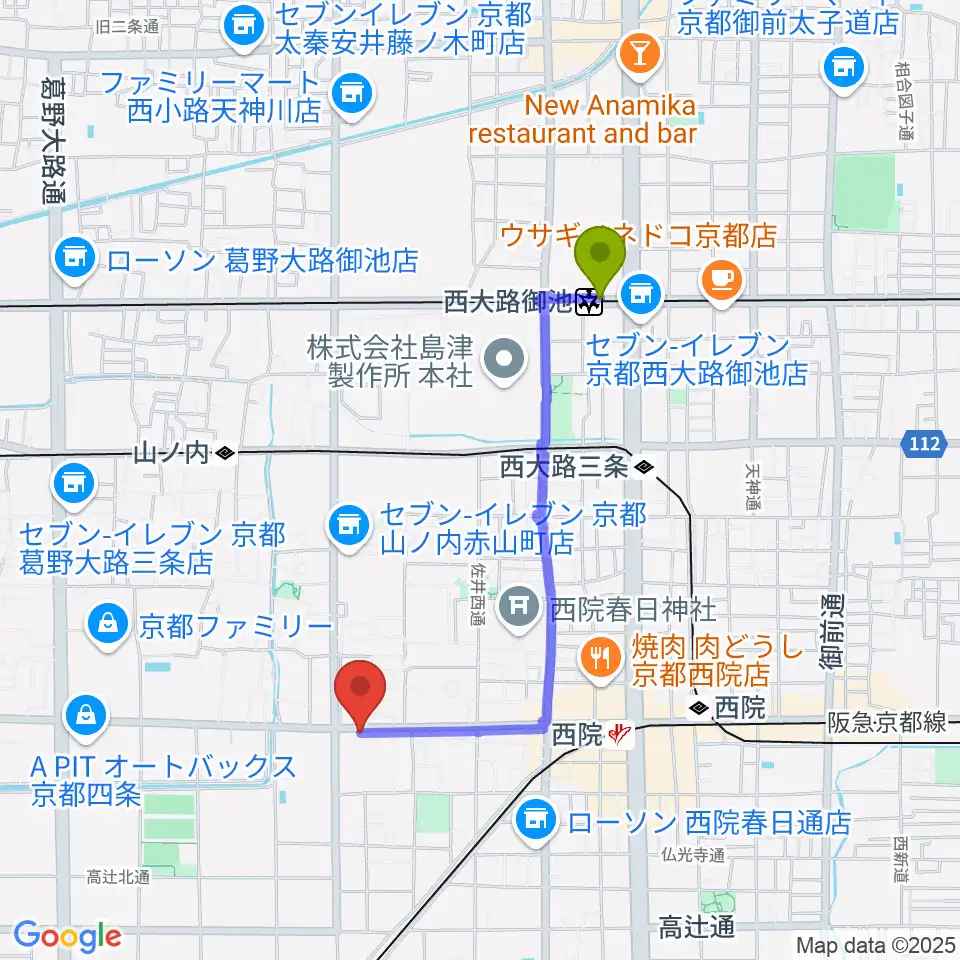 西大路御池駅からスタジオハナマウイOKUSHAへのルートマップ地図