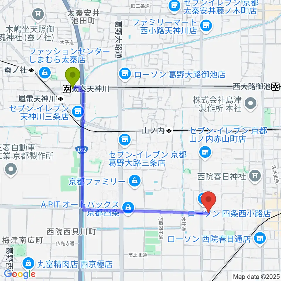 太秦天神川駅からスタジオハナマウイOKUSHAへのルートマップ地図