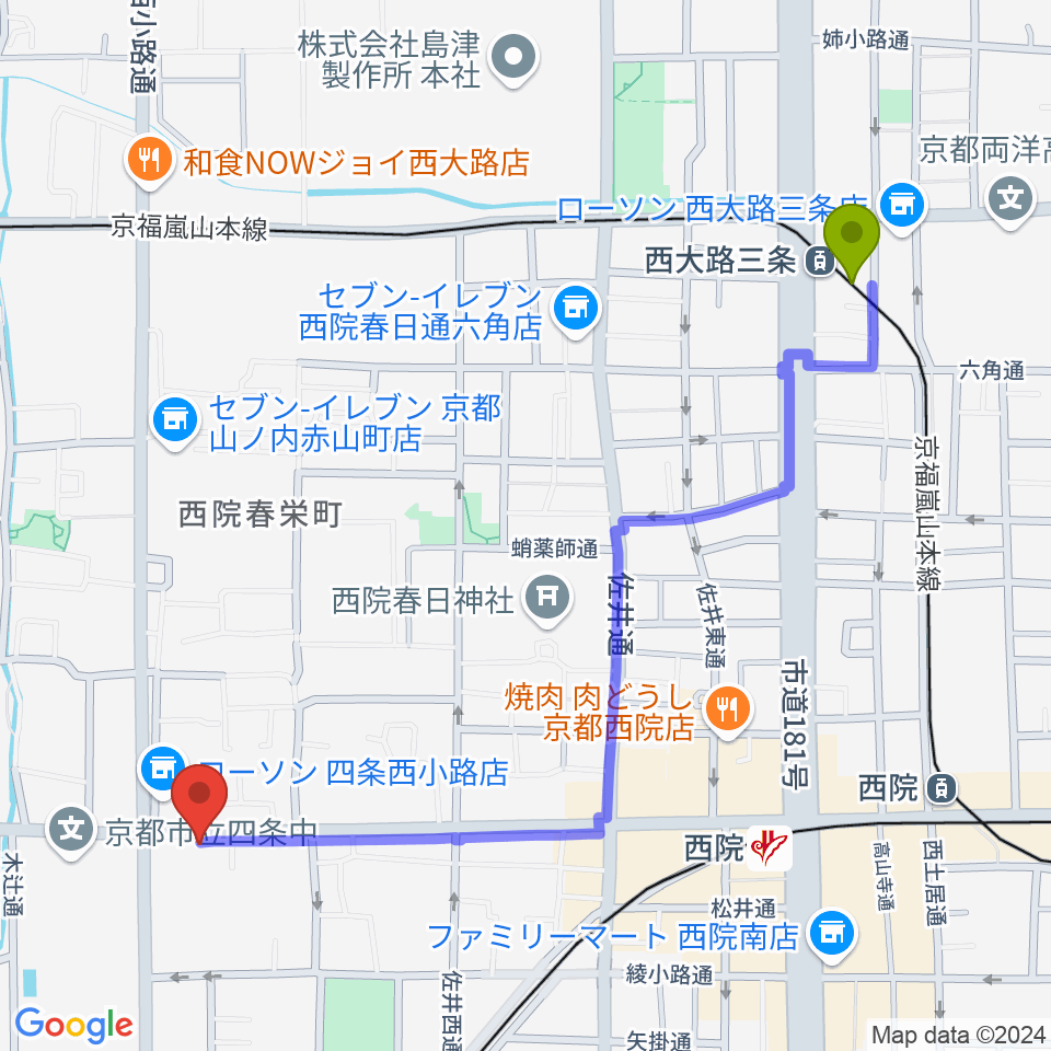 西大路三条駅からスタジオハナマウイOKUSHAへのルートマップ地図