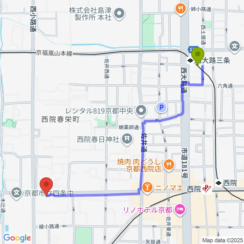 西大路三条駅からスタジオハナマウイOKUSHAへのルートマップ地図