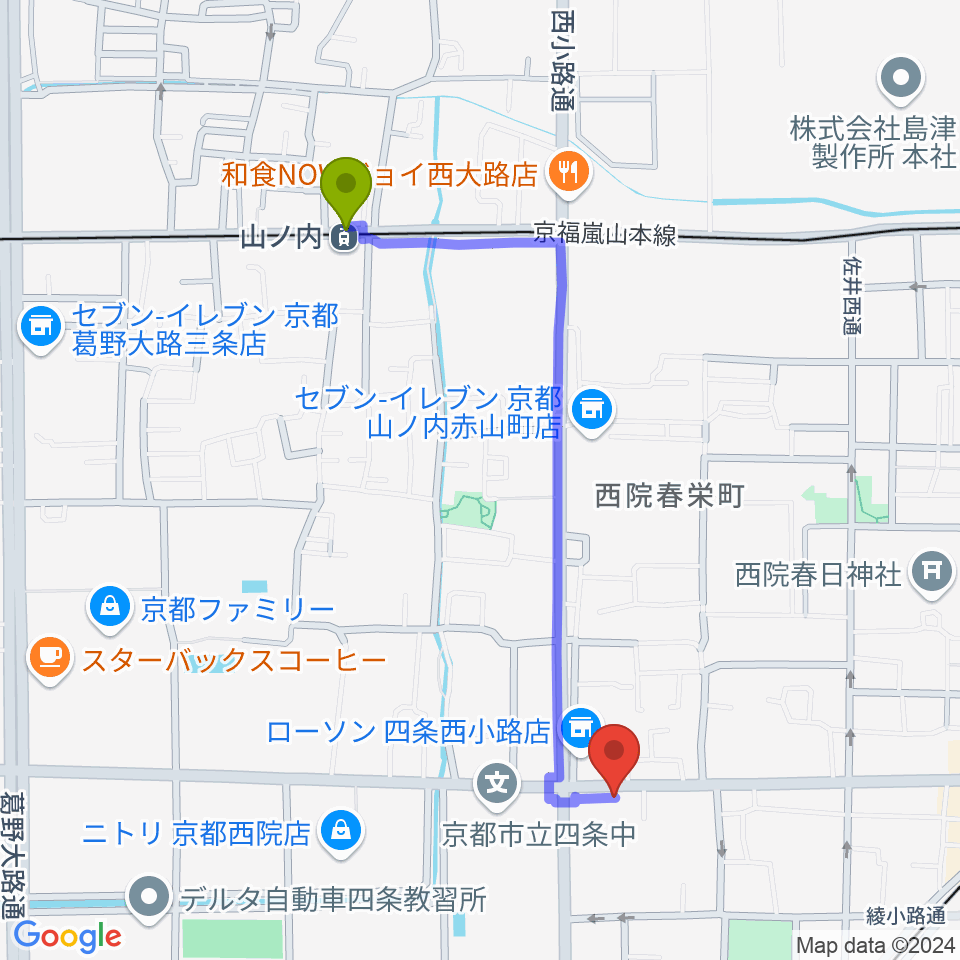 山ノ内駅からスタジオハナマウイOKUSHAへのルートマップ地図