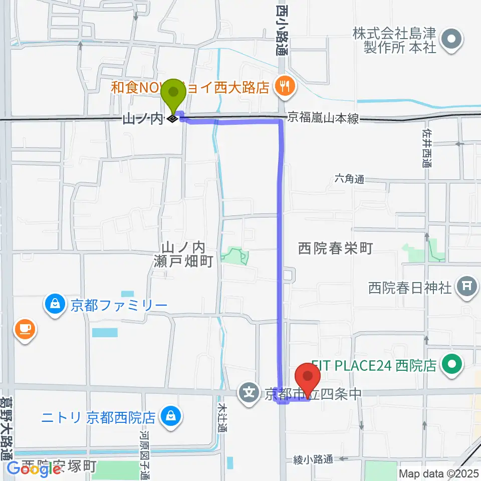山ノ内駅からスタジオハナマウイOKUSHAへのルートマップ地図