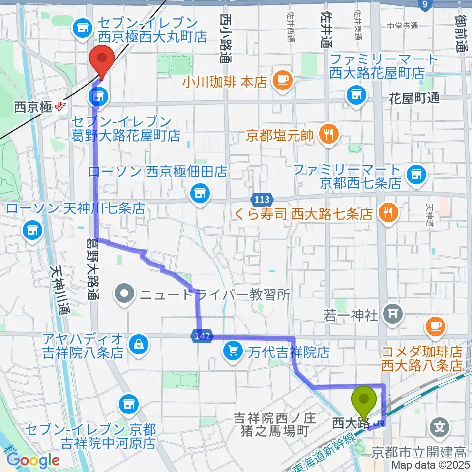 西大路駅から西京極STUDIO IZへのルートマップ地図
