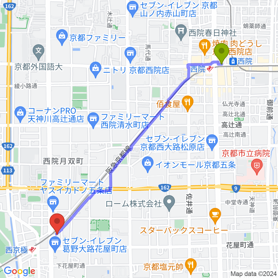 西院駅から西京極STUDIO IZへのルートマップ地図