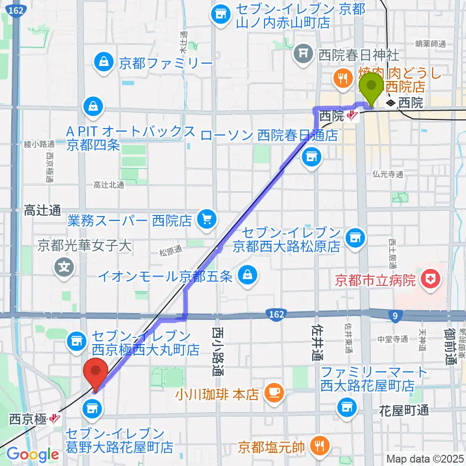 西院駅から西京極STUDIO IZへのルートマップ地図