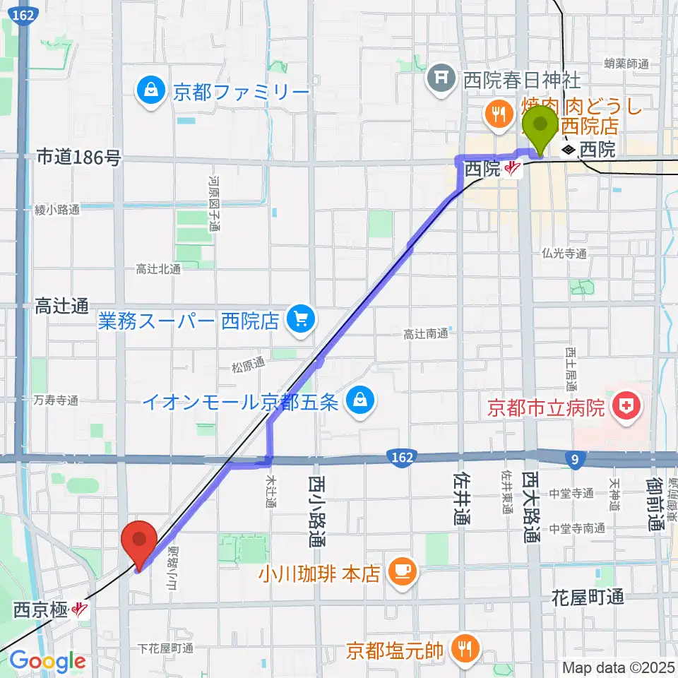 西院駅から西京極STUDIO IZへのルートマップ地図
