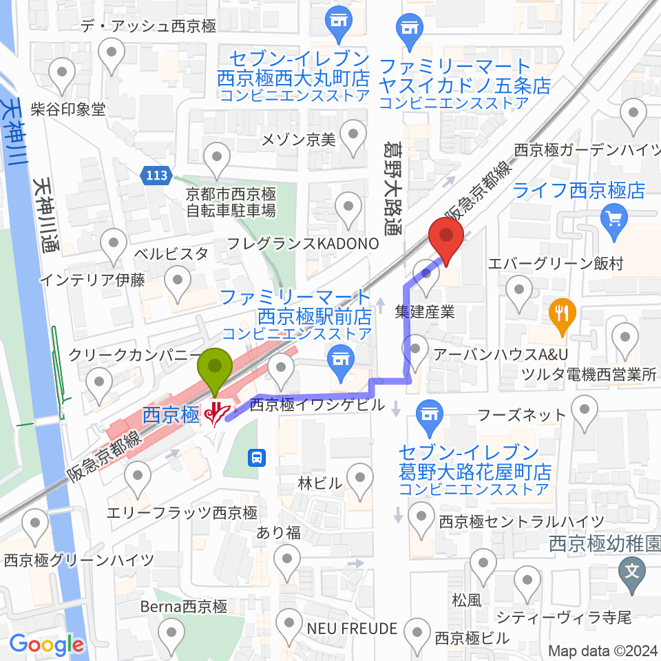 西京極STUDIO IZの最寄駅西京極駅からの徒歩ルート（約3分）地図