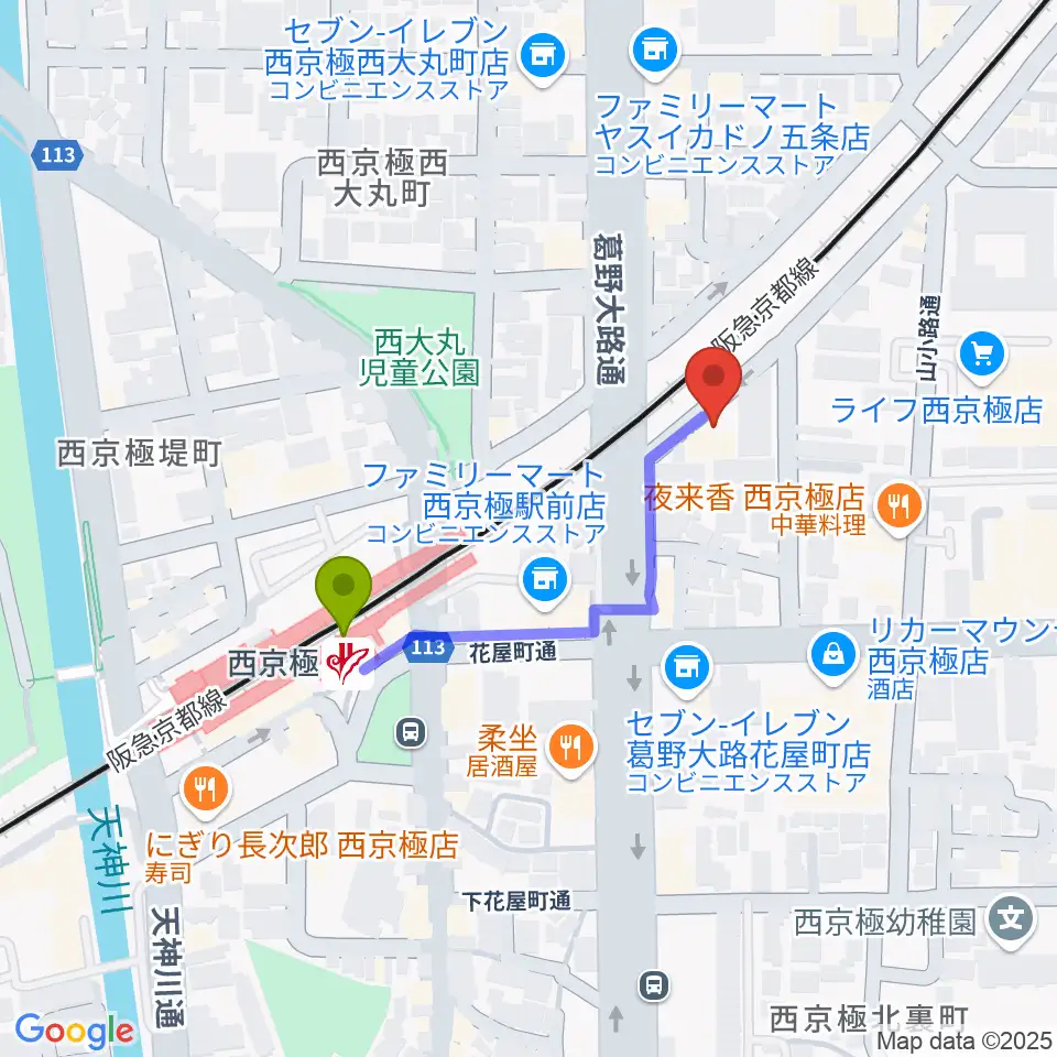 西京極STUDIO IZの最寄駅西京極駅からの徒歩ルート（約3分）地図