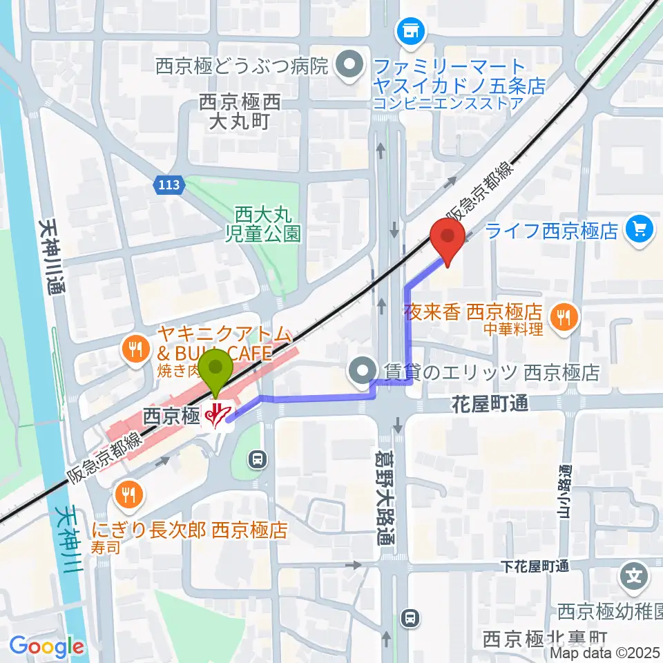 西京極STUDIO IZの最寄駅西京極駅からの徒歩ルート（約3分）地図