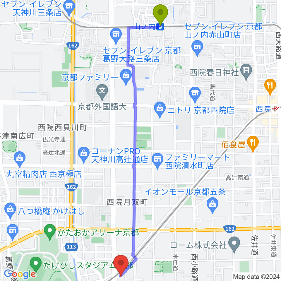 山ノ内駅から西京極STUDIO IZへのルートマップ地図