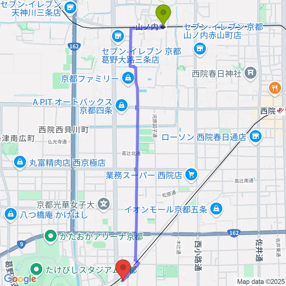 山ノ内駅から西京極STUDIO IZへのルートマップ地図