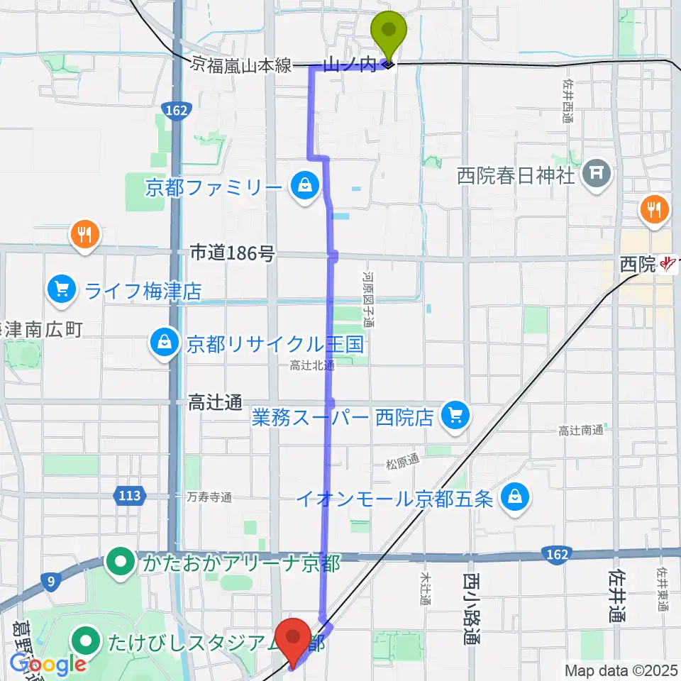 山ノ内駅から西京極STUDIO IZへのルートマップ地図