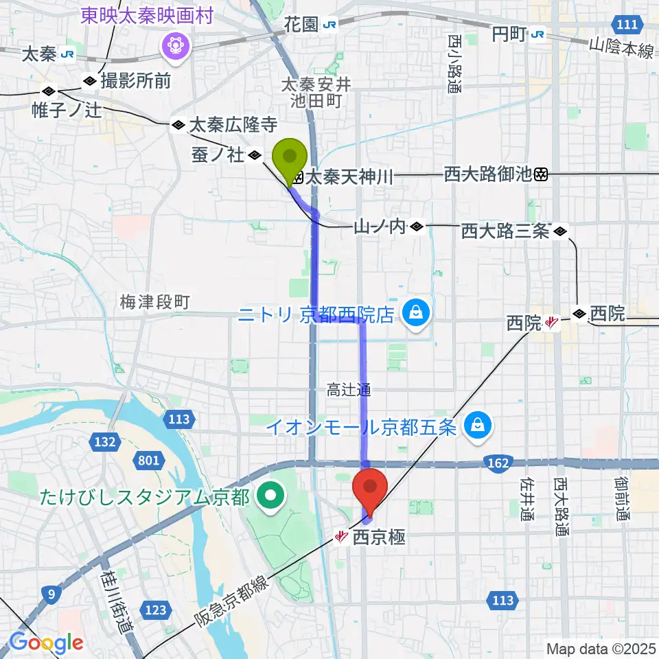 嵐電天神川駅から西京極STUDIO IZへのルートマップ地図