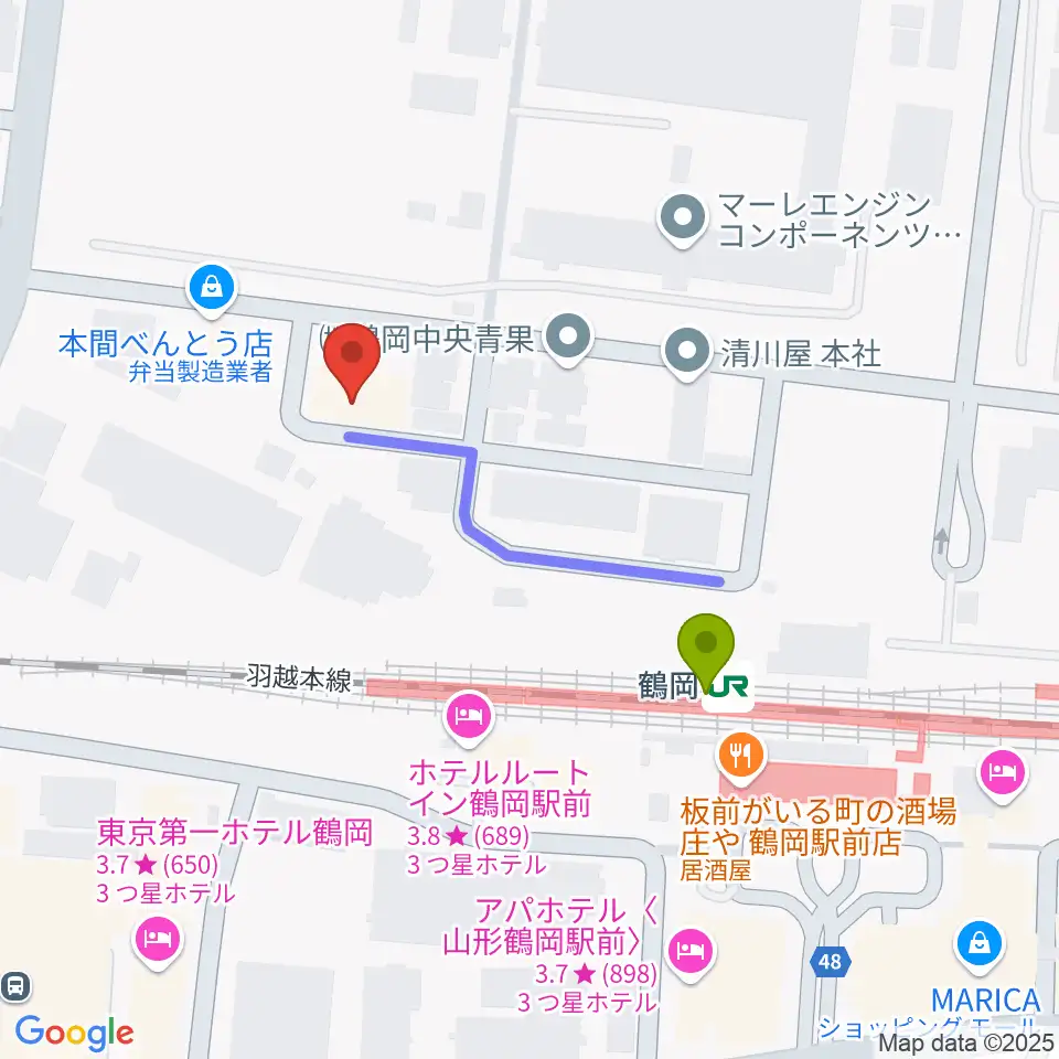 なんだ屋の最寄駅鶴岡駅からの徒歩ルート（約3分）地図