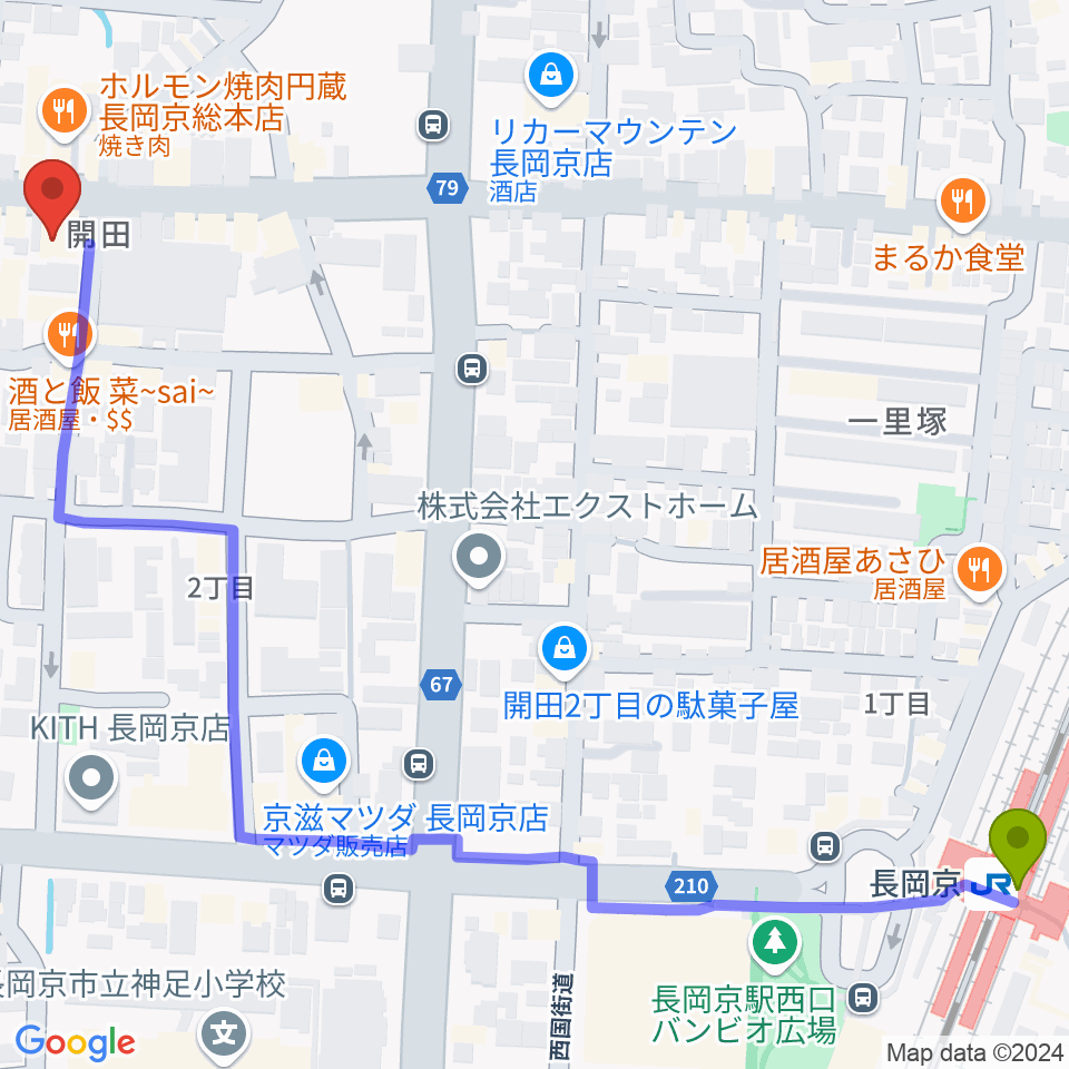 長岡京駅からスタジオタルレックへのルートマップ地図