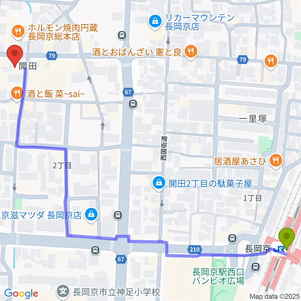 長岡京駅からスタジオタルレックへのルートマップ地図