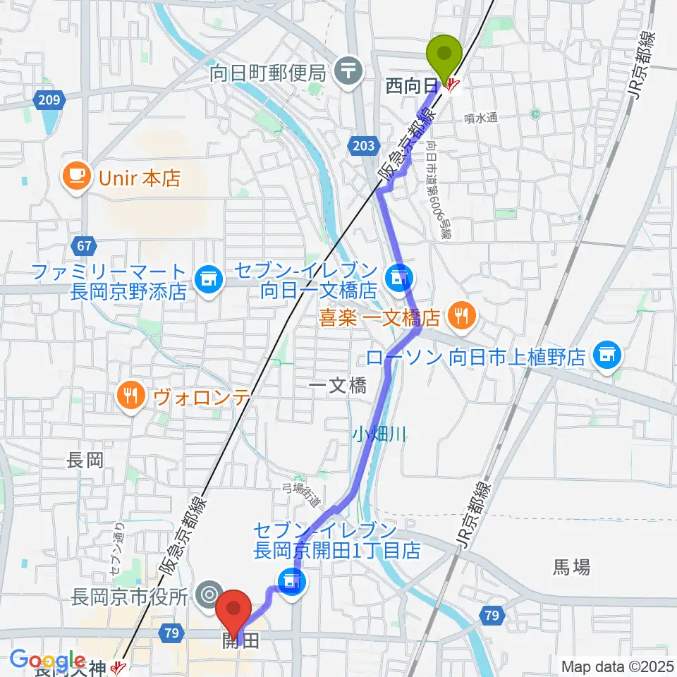 西向日駅からスタジオタルレックへのルートマップ地図
