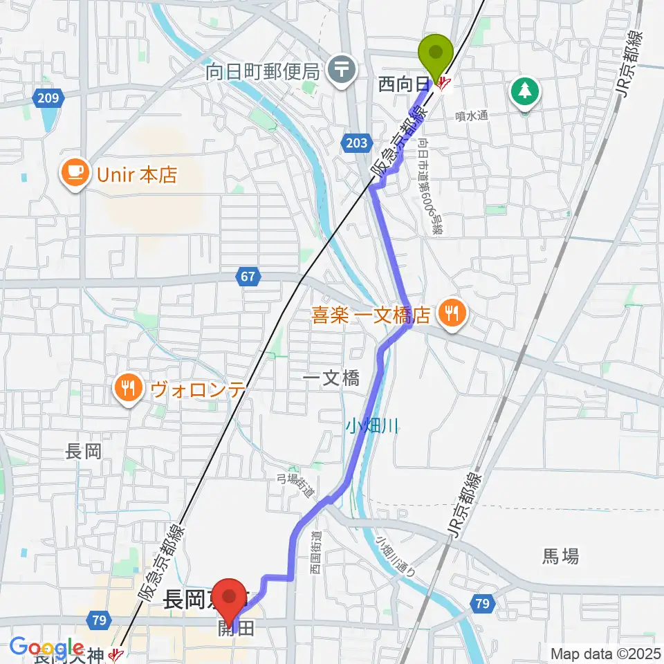 西向日駅からスタジオタルレックへのルートマップ地図