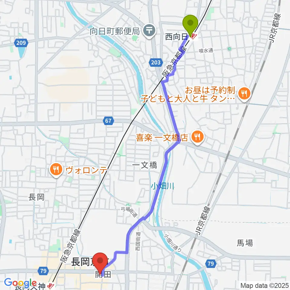 西向日駅からスタジオタルレックへのルートマップ地図