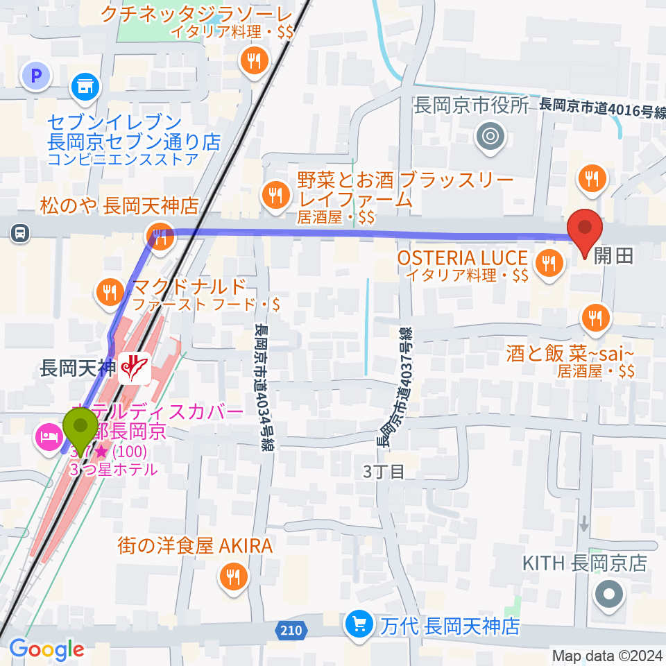 スタジオタルレックの最寄駅長岡天神駅からの徒歩ルート（約6分）地図