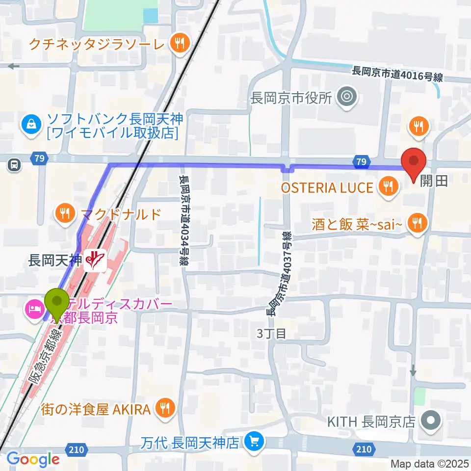 スタジオタルレックの最寄駅長岡天神駅からの徒歩ルート（約6分）地図