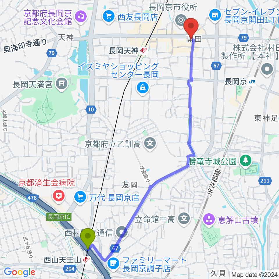 西山天王山駅からスタジオタルレックへのルートマップ地図