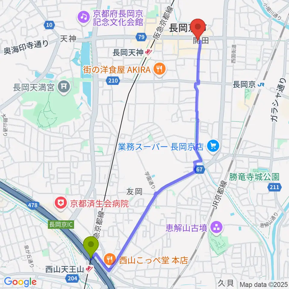 西山天王山駅からスタジオタルレックへのルートマップ地図