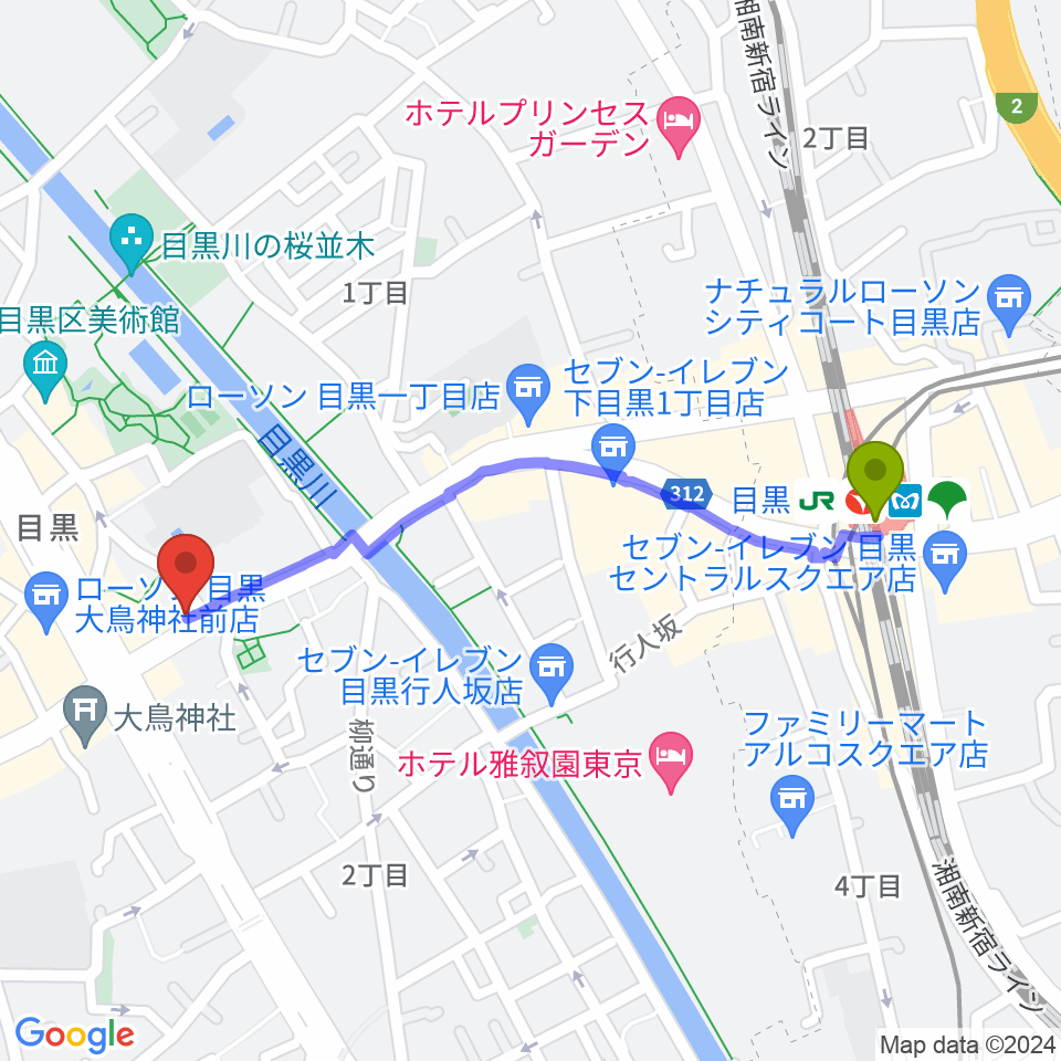 インターセプターの最寄駅目黒駅からの徒歩ルート（約10分）地図