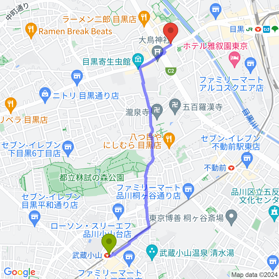 武蔵小山駅からインターセプターへのルートマップ地図