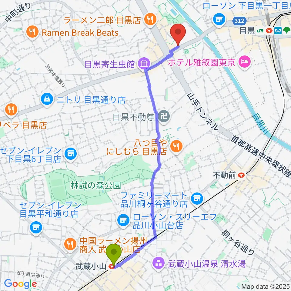 武蔵小山駅からインターセプターへのルートマップ地図