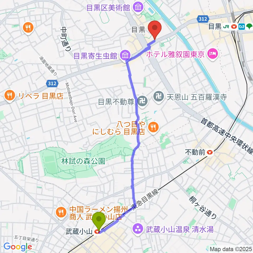 武蔵小山駅からインターセプターへのルートマップ地図
